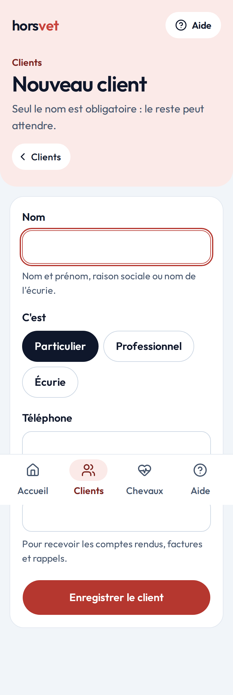 Le formulaire « Nouveau client »