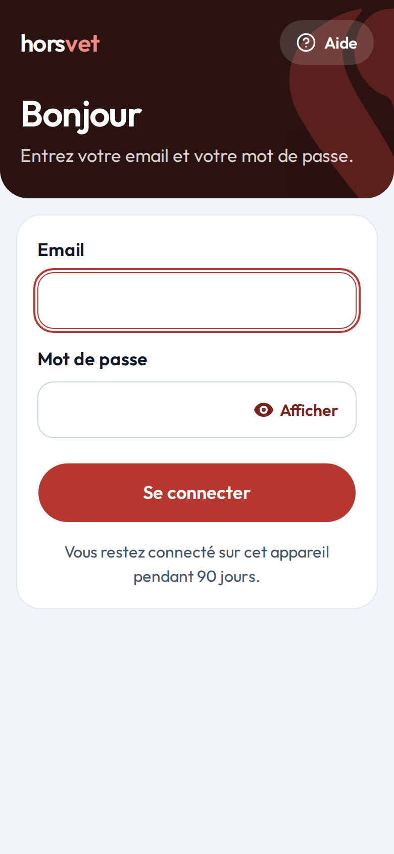 L'écran de connexion : email, mot de passe, bouton rouge « Se connecter »